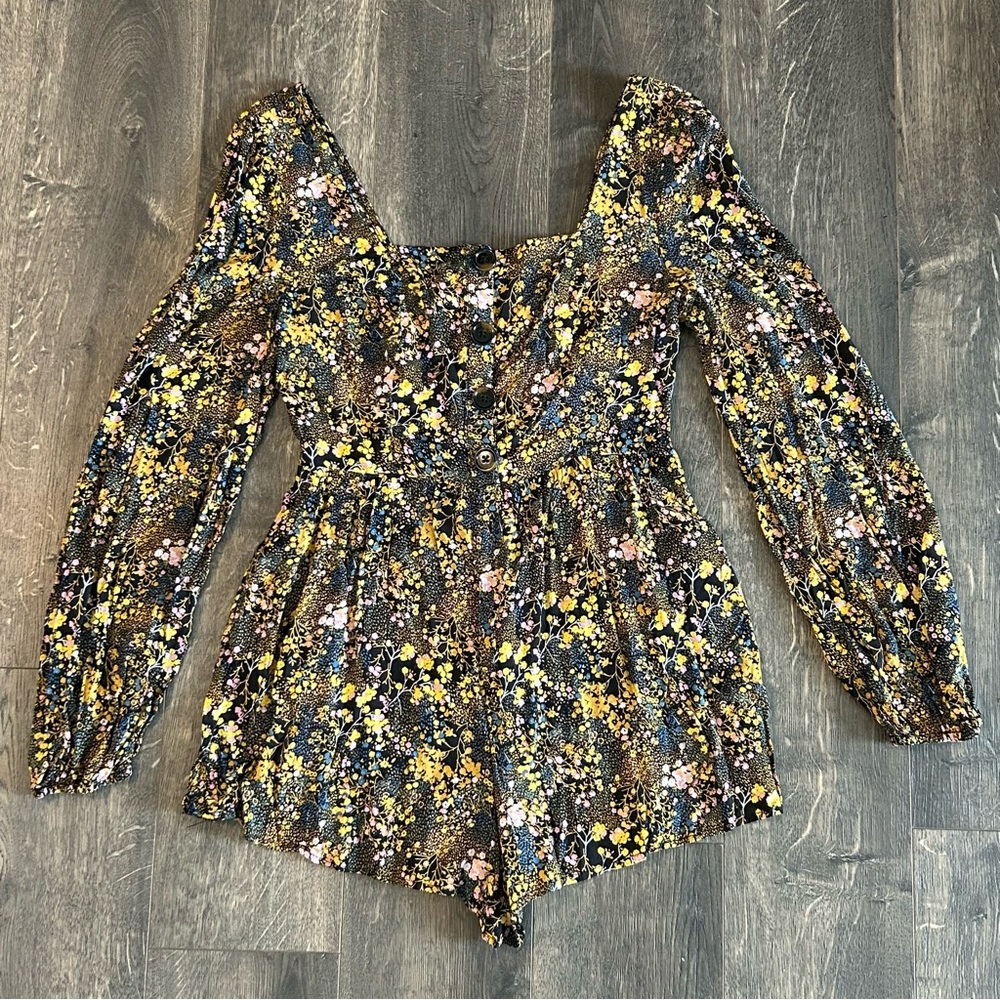 Urban Outfitters Black Floral Long Sleeve Square Neck Romper/Playsuit